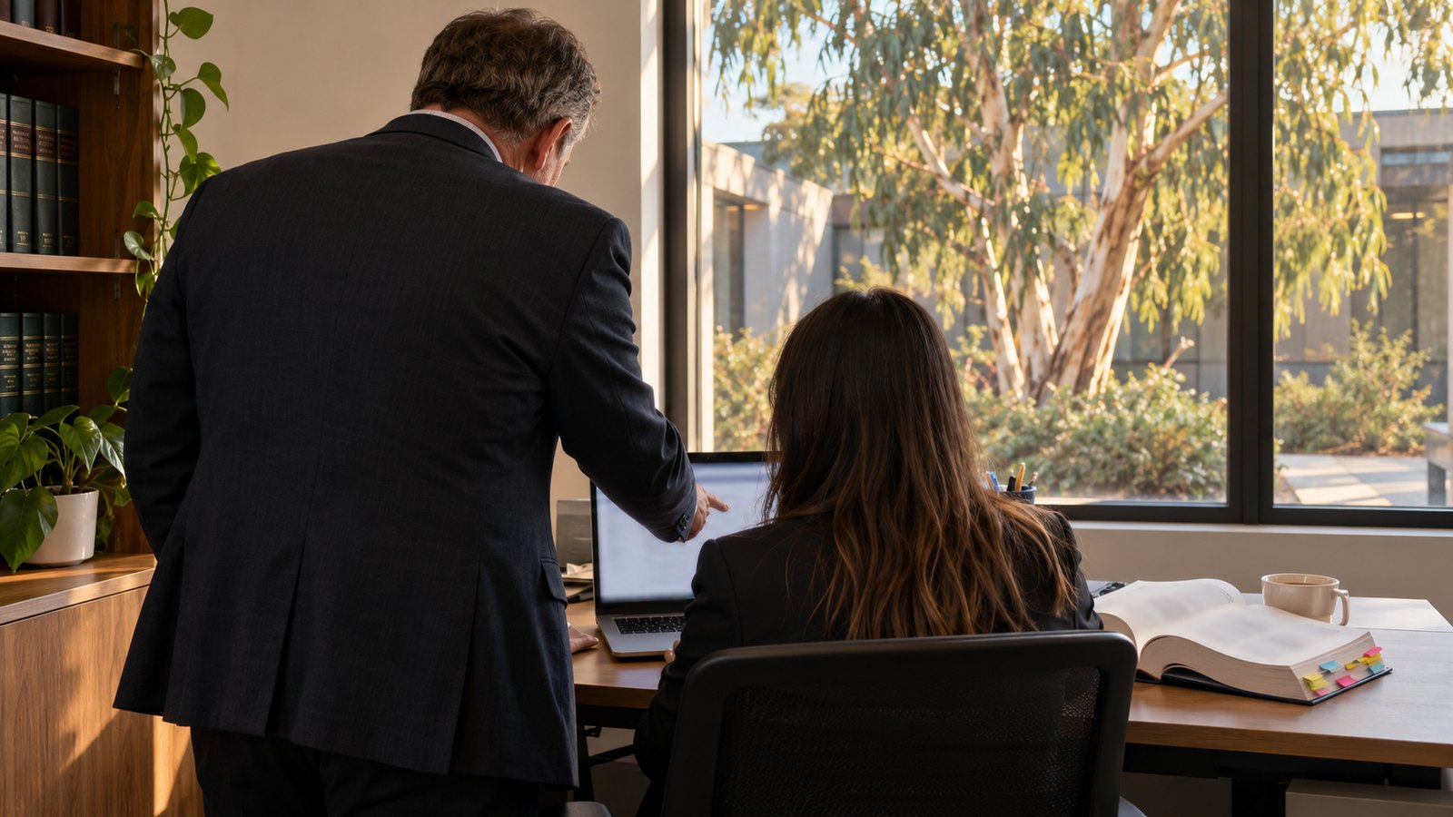 A senior solicitor reviewing a junior colleague's work on a laptop, with a law report open on the desk