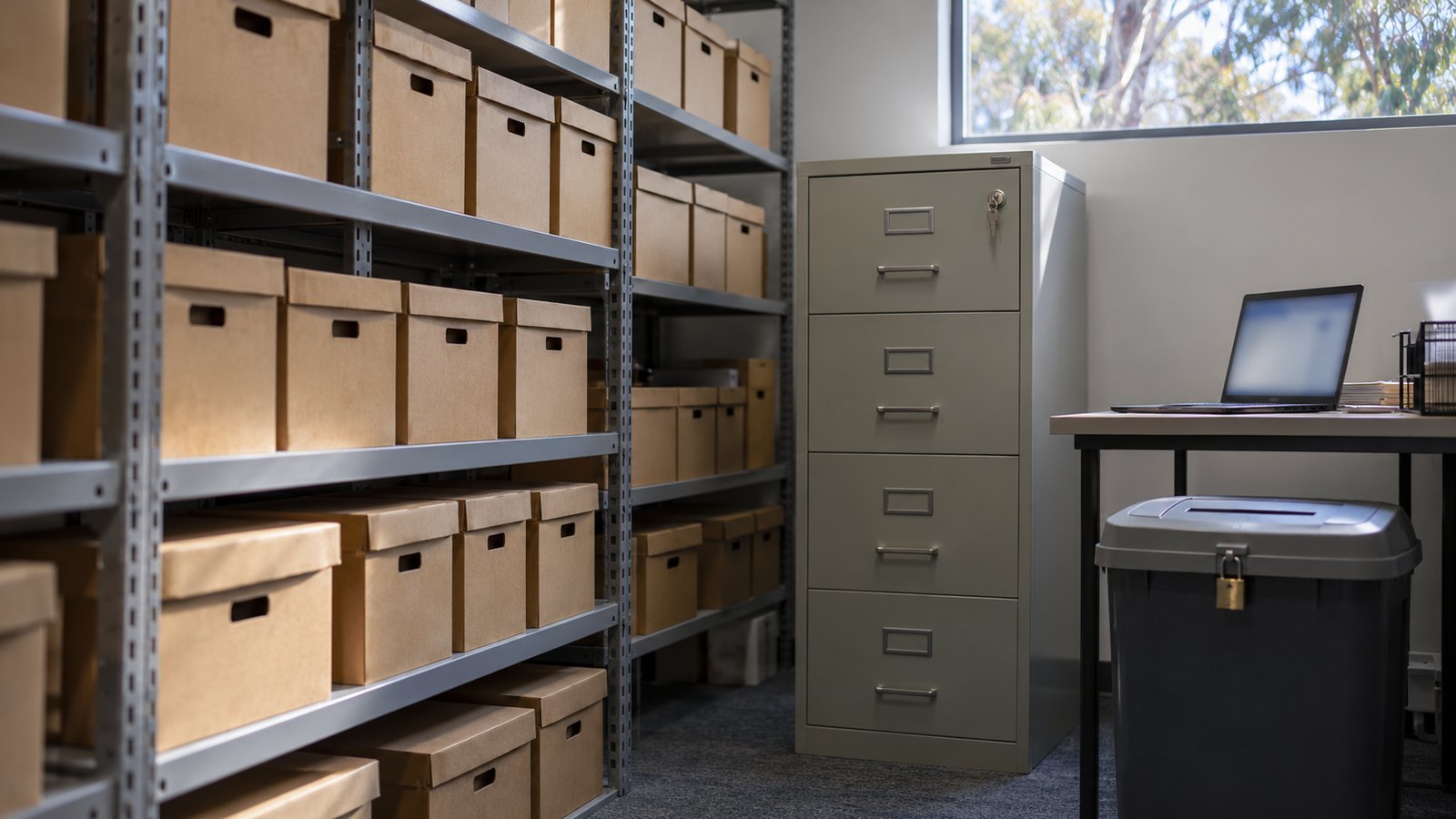 Archive boxes and a locked filing cabinet in a law firm records room, with a laptop on a side table